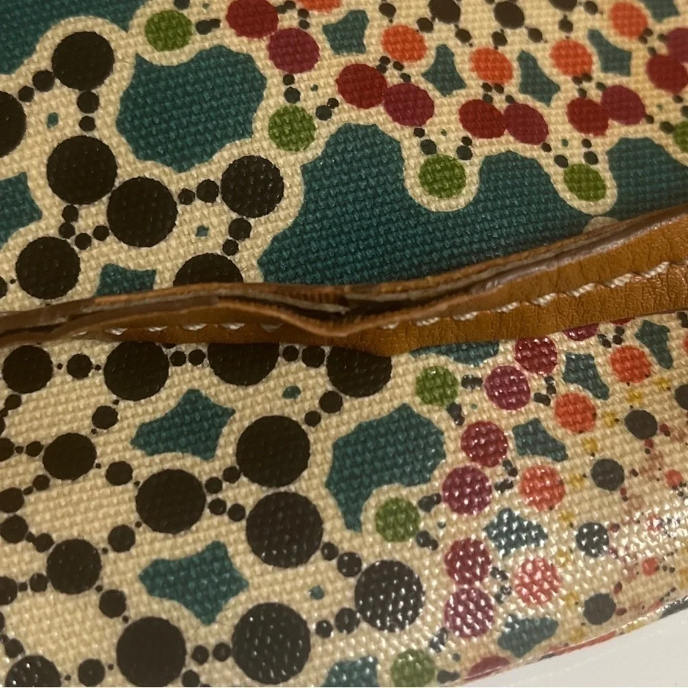 FOSSIL Key-Per Wristlet Coated Canvas Floral Multicolor Brown Leather Trim
